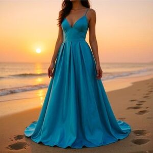 Evening Gown – Blondie Nites – Teal – Satin Ball Gown Lace‑Up Back w/ Pockets 3